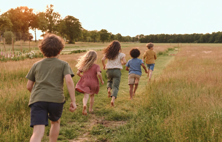 Kinderen spelen in de weide op het erf