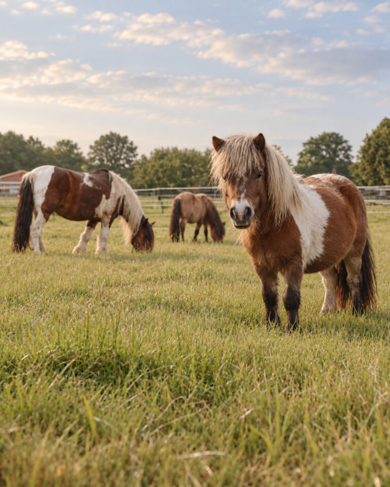 Pony's in de wei op het erf